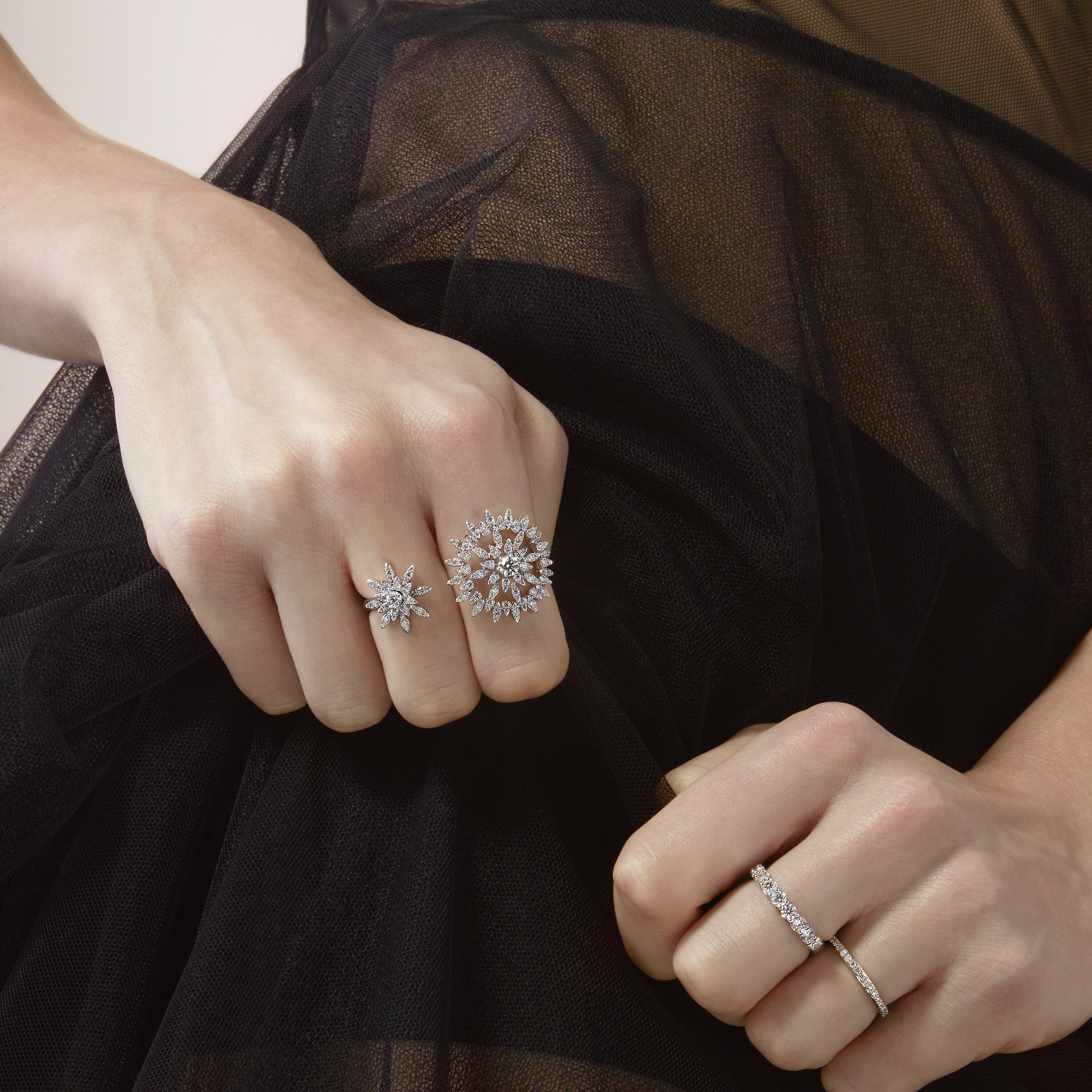 Aerial Sunburst Double Finger Ring, 18K White Gold, large